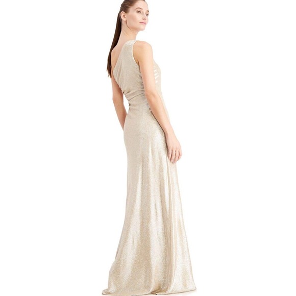 SIZE 10 Calvin Klein One Shoulder Metallic Beaded Champagne Gold Gown, NWT - Picture 3 of 8
